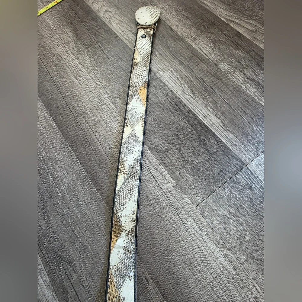 Artisan White and Brown Snakeskin Leather Belt with Oval Buckle